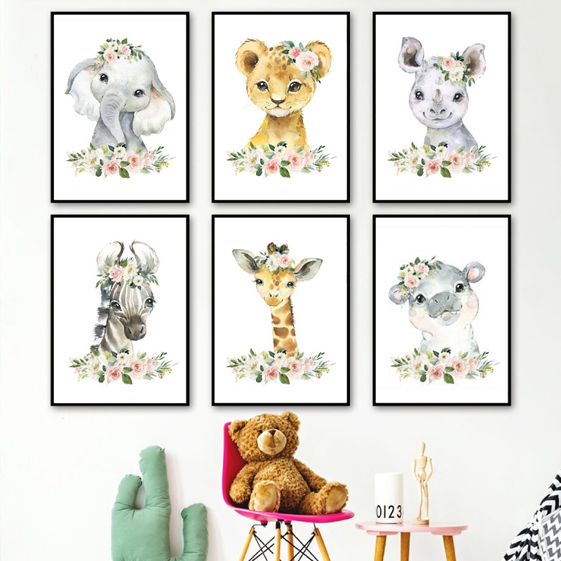 Baby Nursery Jungle - Floral Jungle Animals Canvas Prints Nursery