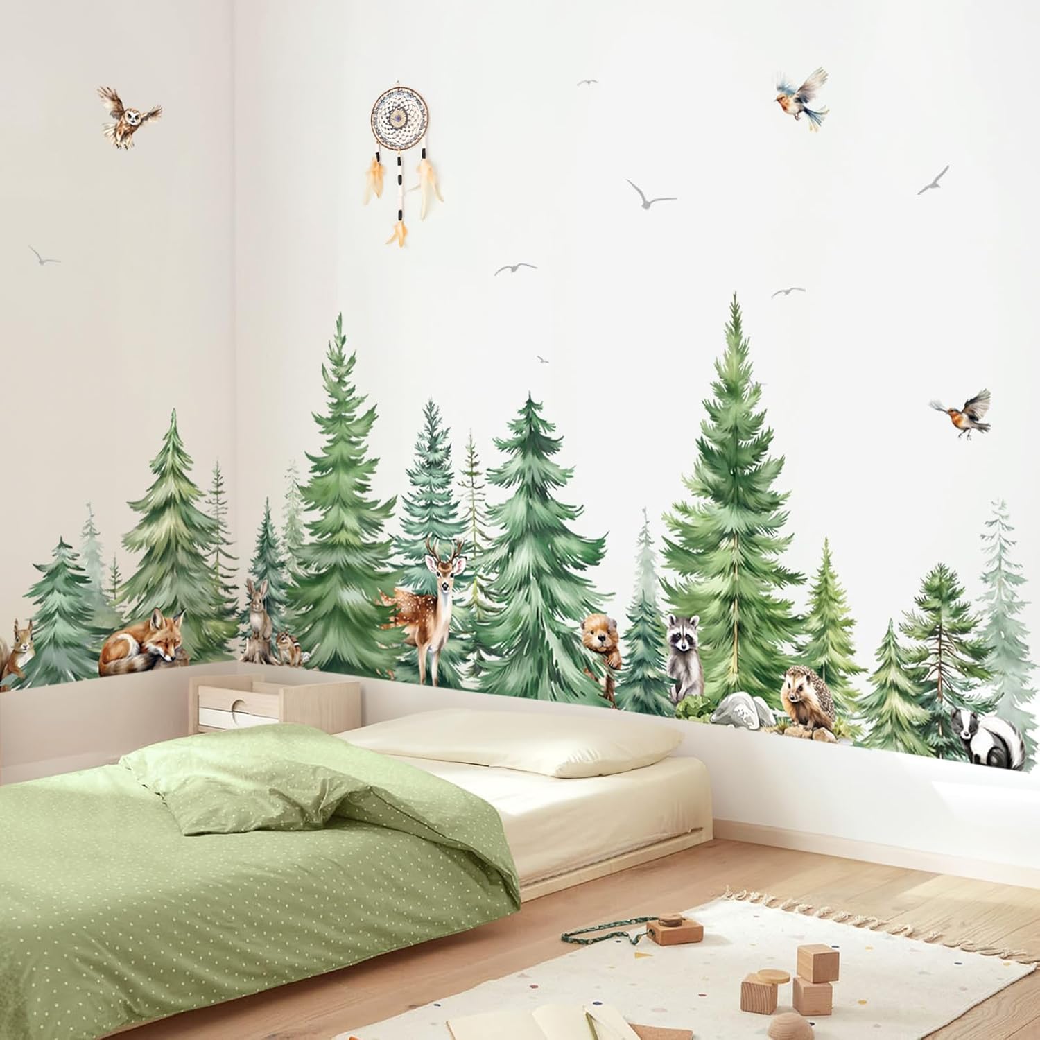 Baby Nursery Set Furniture - Large Watercolor Pine Tree Animals Wall