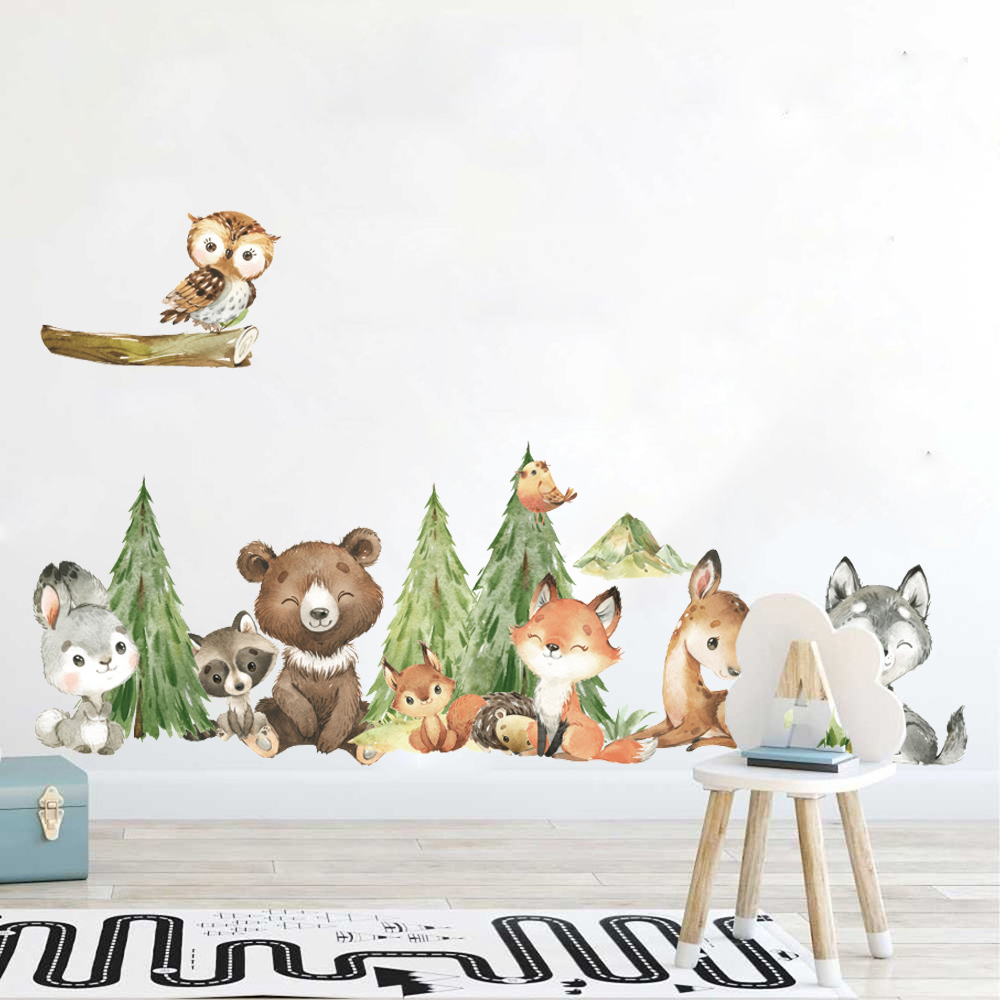 Baby Nursery Set Furniture - Cartoon Watercolor Forest Animal Wall Sticker
