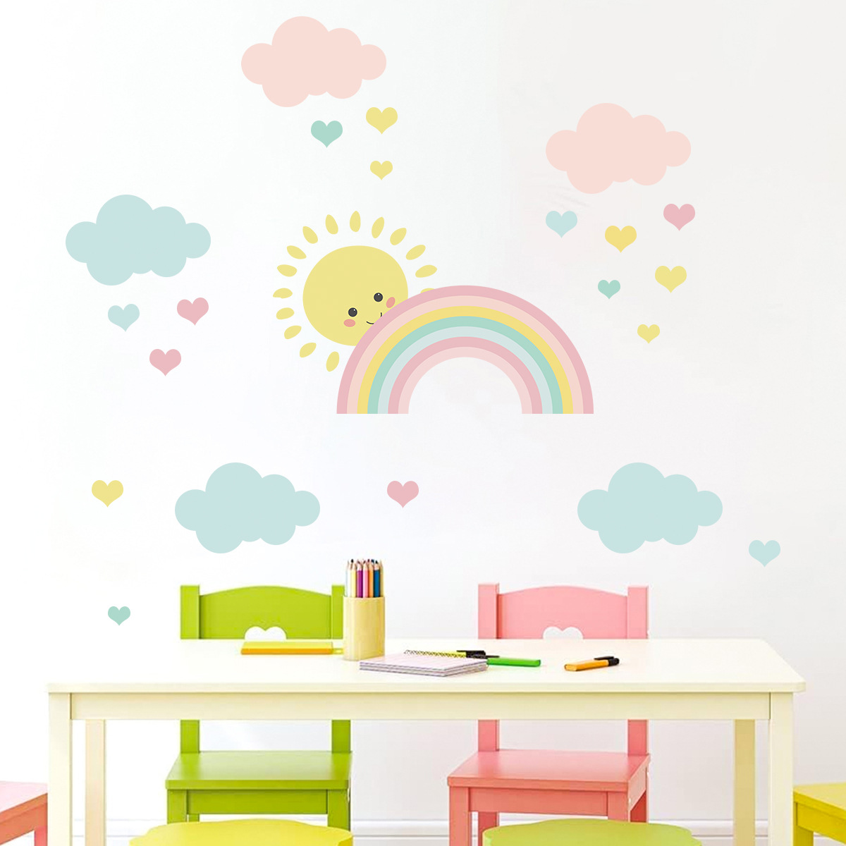 Baby Nursery Decor Boy - Cartoon Sun Rainbow Clouds Wall Decals
